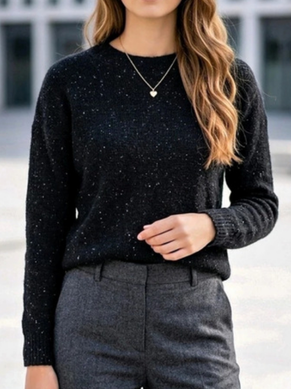 Madewell 100% Cashmere Black Speckled Waffle Knit Crewneck Sweater XS